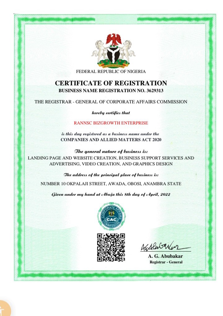 Rannsc Bizgrowth Enterprise CAC Certificate of Registration